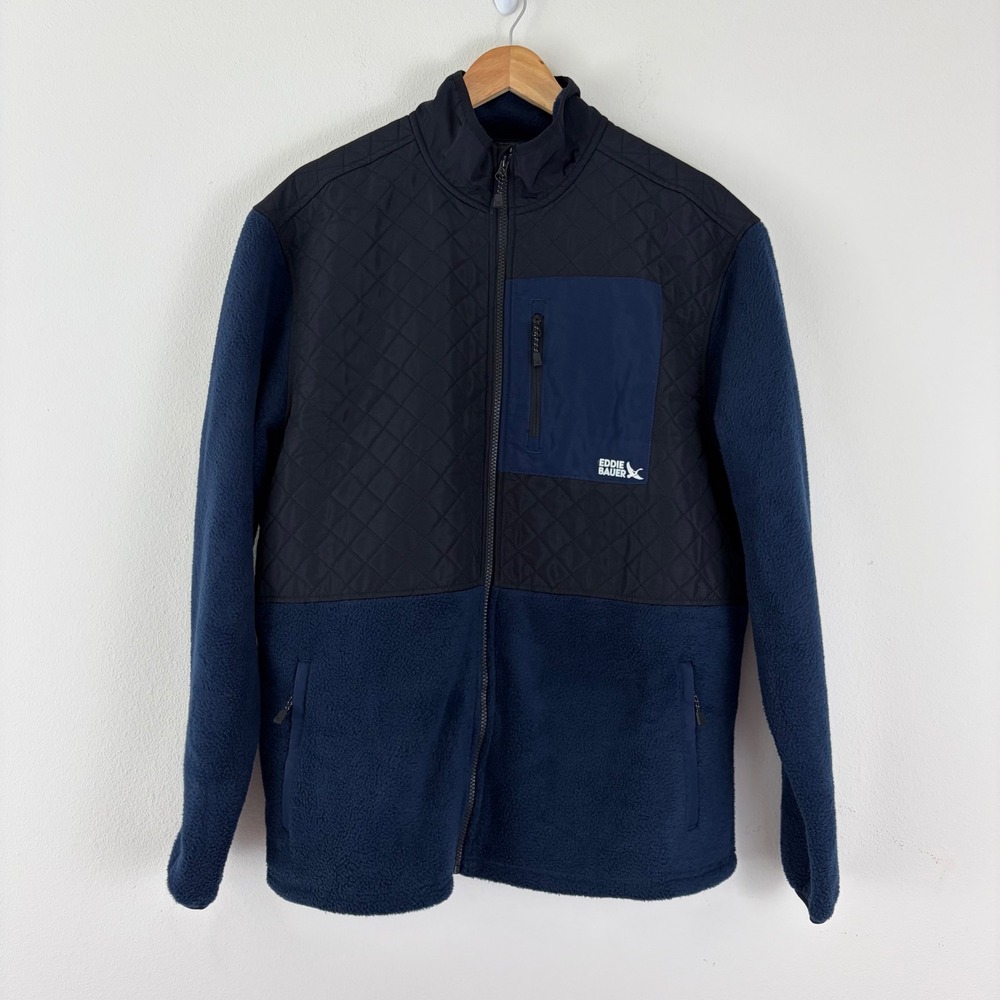 NWT Eddie Bauer Mens Fleece Jacket Gorpcore Navy Black Quilted Full Zip Large